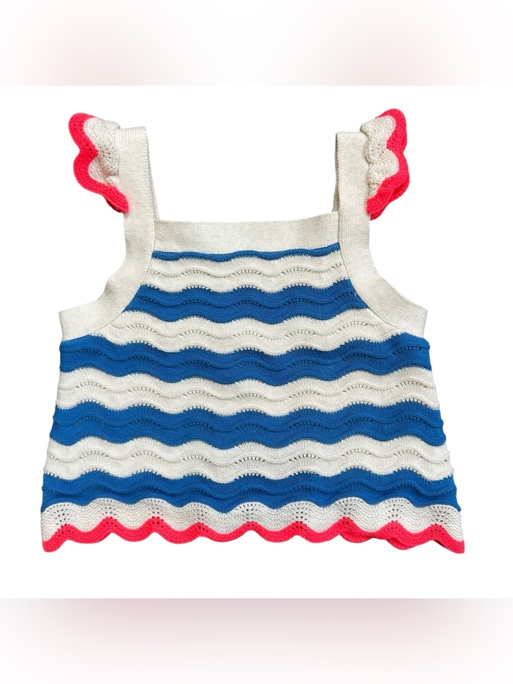 NWT Mini Boden Pink Blue Cream Wavy Pointelle Knit Striped Cami Top Size 3-4Y